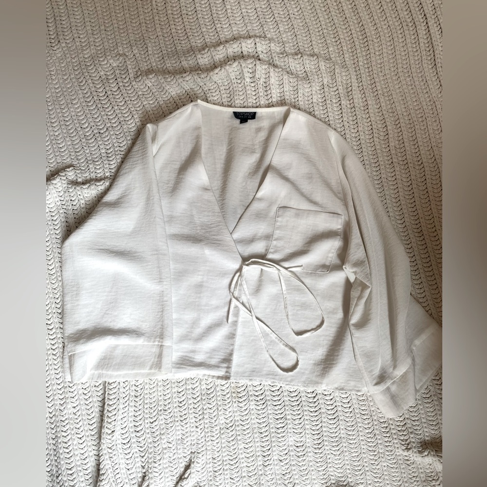 White 3/4 Sleeve TopShop Wrap Blouse